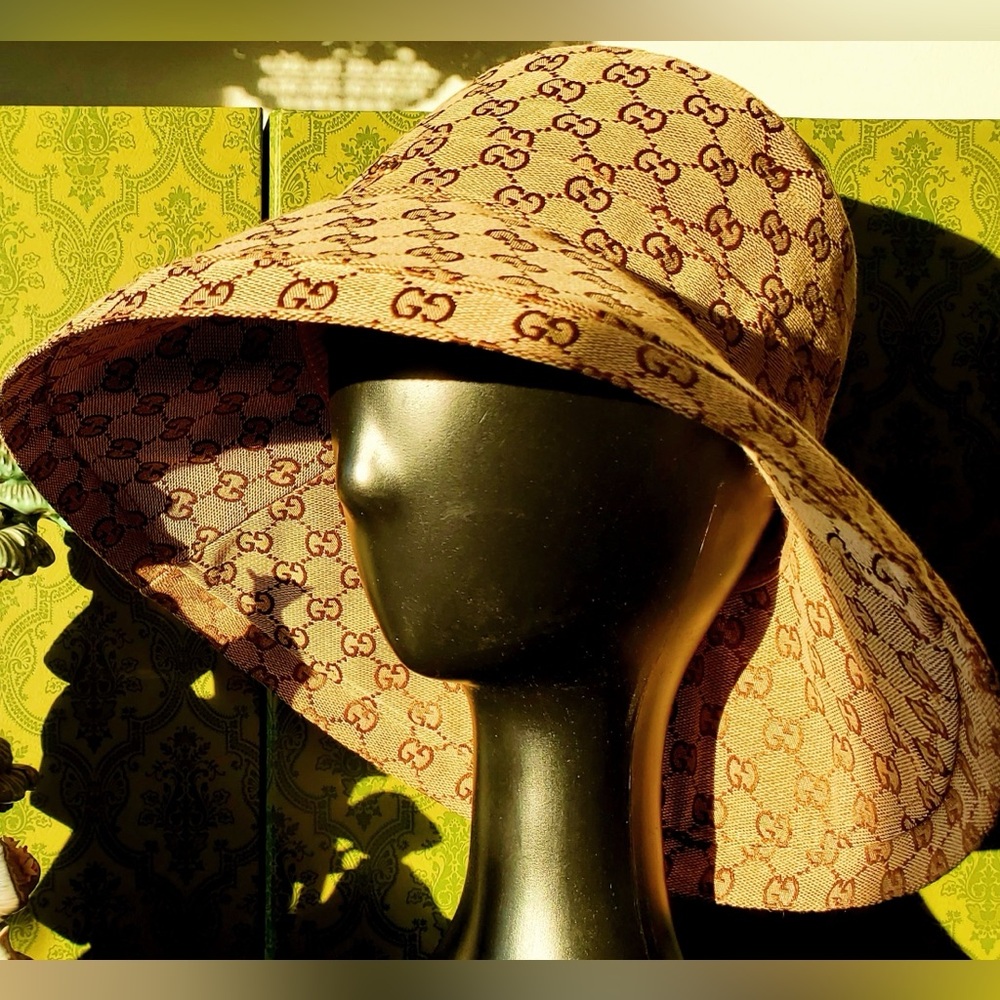 Monogram Wide Large Brim Beige Tan Canvas Bucket Hat Jacquard Sun Coverage New - Picture 8 of 16